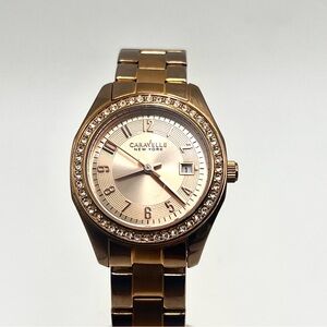 Caravelle New York Rose Gold Crystal Bezel Womens Watch Date 6" New Battery